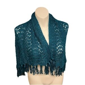 Handmade Crochet Shawl Fringed Wrap Teal Bluegreen Boho Cottagecore Cozycore
